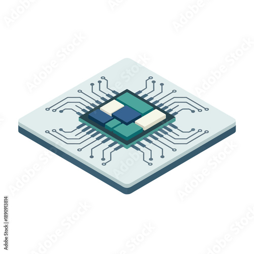 Embedded systems workshop, microcontroller chip board, traces and pins, training session slide, isometric electronics vector, engineering education design graphic
