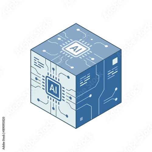 Machine learning conference cube, ai circuits, blueprint panels, workshop session identity, developer meetup poster, isometric technology vector, modern design
