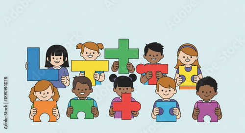 Diverse children holding colorful puzzle pieces together symbolizing unity and teamwork in education and learning