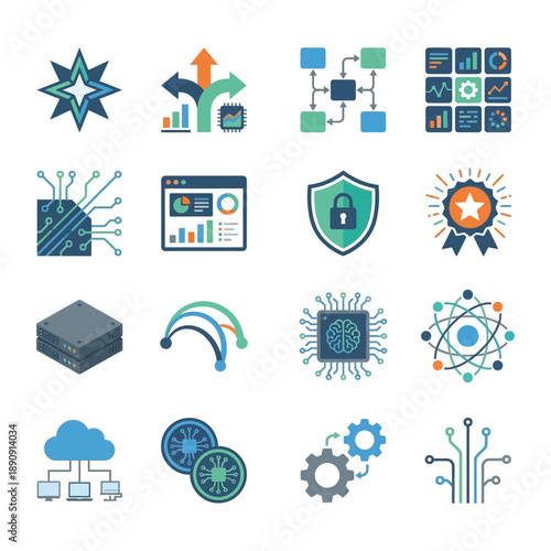 Cybersecurity and data protection icon set, vector shields, lock, firewall, network nodes, charts, for security awareness flyer and webinar.