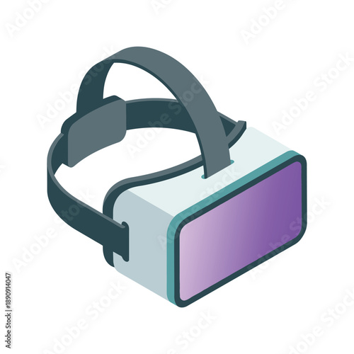 Virtual reality headset isometric vector illustration, purple visor device for gaming expo poster, demo booth signage, training session materials.