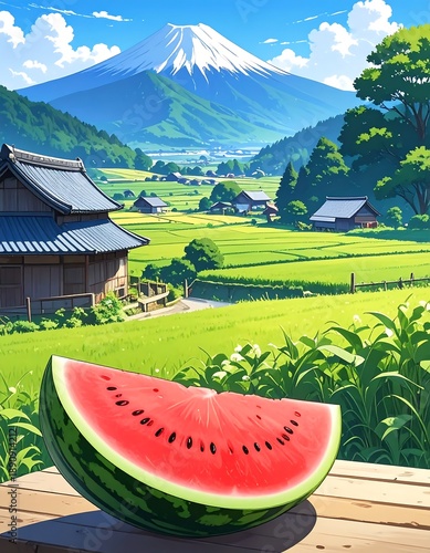 Watermelon slice atop a table, set against a serene Japanese landscape