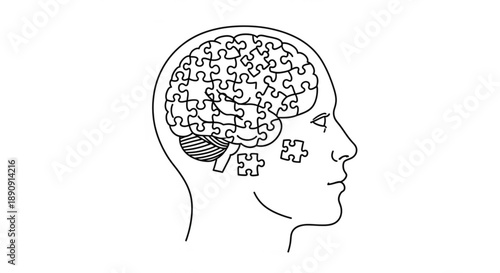 Human head with puzzle pieces in brain symbolizing mental health thinking and problem solving
