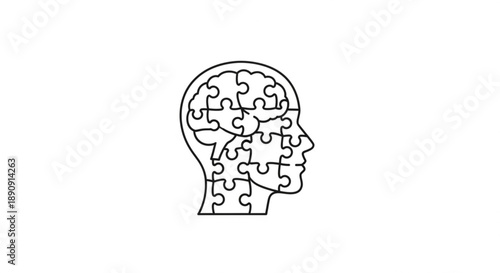 Puzzle pieces forming a human head in profile symbolizing mental health self awareness and cognitive function on a white background