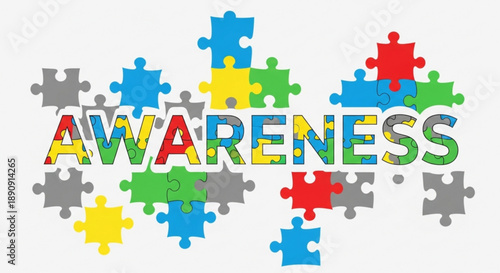 Colorful puzzle pieces forming awareness concept with vibrant text