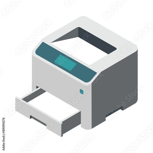 Office laser printer isometric vector for corporate reports, document processing, tax season forms, bulk printing, administrative workflow, business center.