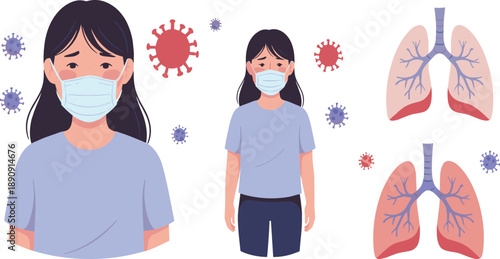 Woman Wearing Medical Face Mask with Virus Symbols and Lung Anatomy Vector Illustration for Healthcare Awareness, Respiratory Disease Education, and Medical Design Projects