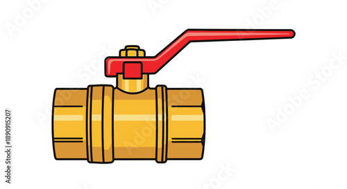 Illustration of a brass ball valve with a red handle isolated on white