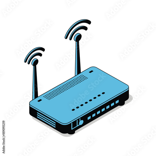 Wireless wifi router isometric vector with antennas for network setup guide, internet service promotion, cybersecurity workshop, home router technology design