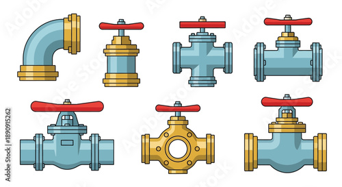 Illustration of various industrial plumbing fittings and valves in a row