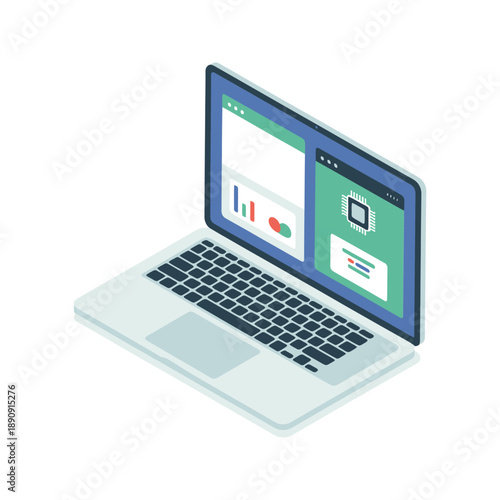 Isometric laptop with split screen dashboard vector for project management webinar, software training session, analytics course, teamwork collaboration event design