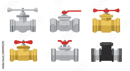 Set of industrial valves in various colors and configurations displayed