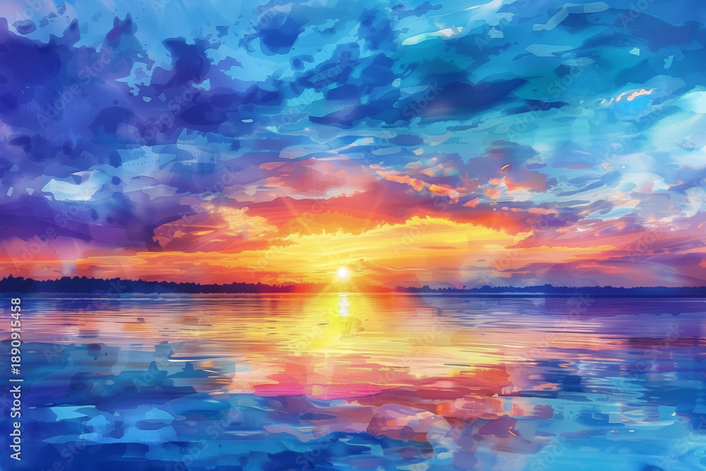 Obraz premium Sunset,Sunrise Summer Landscape. Beautiful Nature. Blue Sky,amazing colorful clouds. Natural Background. Artistic Wallpaper. Lake,sun. Incredibly beautiful sunset. Sun, sky,lake. Sunset or sunrise lan