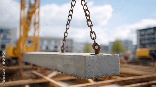 A concrete beam suspended by chains is lifted by a construction crane