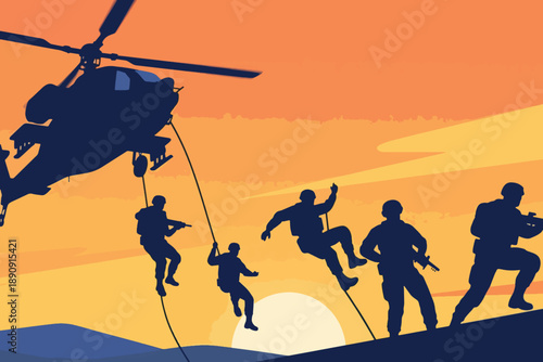 Illustration Of A Group Of Soldiers Jumping From A Helicopter To Enter Enemy Territory Vector Design Template