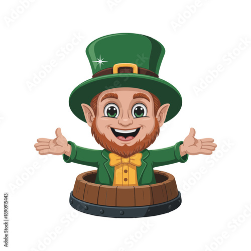 Leprechaun in pot of gold vector illustration for St Patricks Day raffle poster, pub quiz night, lucky draw celebration graphics.