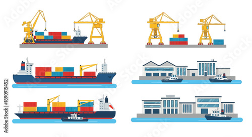 Colorful illustration of shipping containers cranes and harbor infrastructure