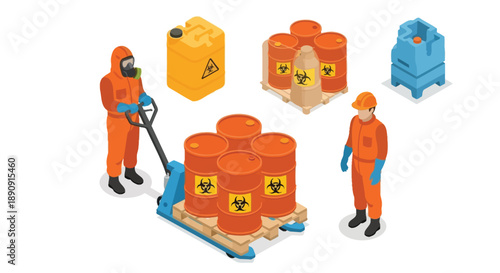 Isometric illustration depicting hazardous materials handling and worker safety precautions