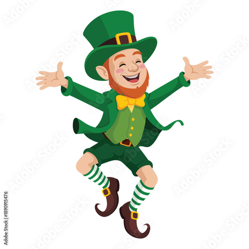 Jumping leprechaun mascot illustration for Saint Patricks Day party, parade march event, kids activity, banner design, festive spring season vector.