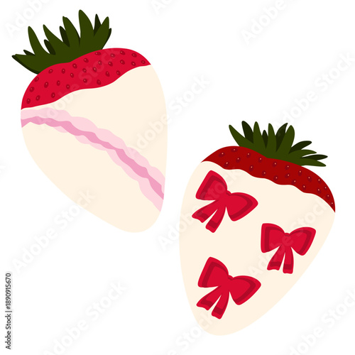 Hand drawn vector illustrations of strawberry dipped in white chocolate with assorted sprinkles, strips and jib bits
