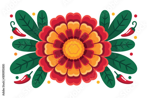 Mexican folk art flower vector illustration for spring festival poster, summer fiesta decoration, cinco de mayo invitation, floral craft design