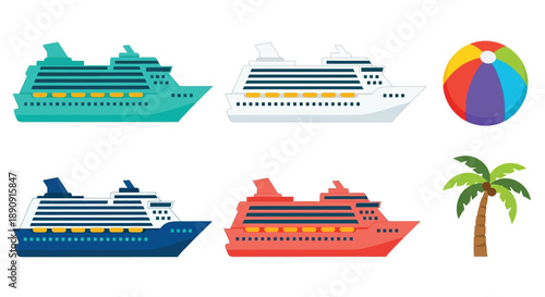 Colorful cruise ships beach ball and palm tree illustration