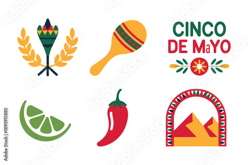 Cinco de Mayo icons vector illustration with maracas, lime, arch and wheat for parade banner, community fair, spring celebration graphics.