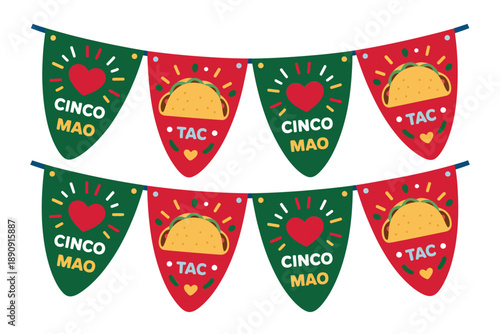 Cinco de mayo pennant banner vector with tacos and text for mexican fiesta, restaurant promotion, taco night party decoration design