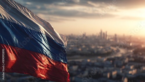 Russian flag waves majestically against a city skyline at sunset