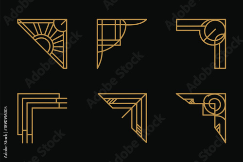 Golden art deco outline stroke, vintage corner frame line art, ornament element for luxury and classy design, perfect for premium invitations, logos, and elegant graphic projects.