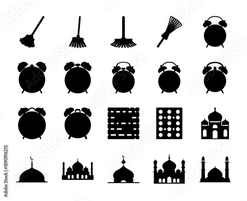 Contrasting black silhouettes of domestic cleaning tools, classic alarm clocks, and diverse Islamic architectural structures like mosques.