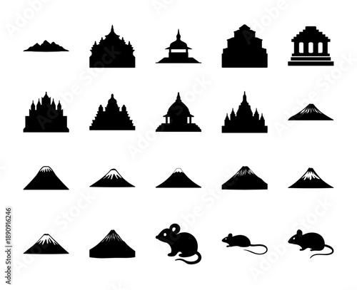 Eclectic vector icon assortment featuring diverse architectural structures, snow-capped mountains, and small mice, perfect for varied design applications.