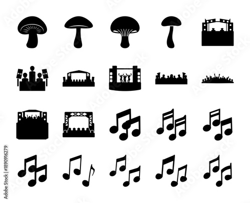 Diverse vector icon set featuring music festival stages, audience silhouettes, and various musical notes, alongside a few mushroom symbols, ideal for event promotion or creative projects.