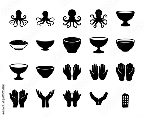 A collection of black silhouette icons featuring aquatic octopuses, various empty bowls, and human hands in different gestures, isolated on white, representing diverse concepts.