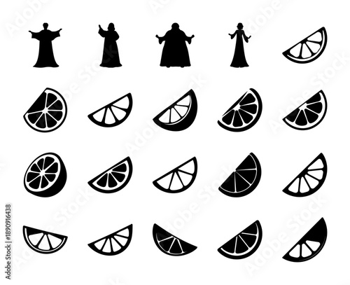 A set of black silhouette vector icons featuring figures in cloaks, reminiscent of opera singers or religious personas, alongside various citrus fruit slices, isolated on a white background.