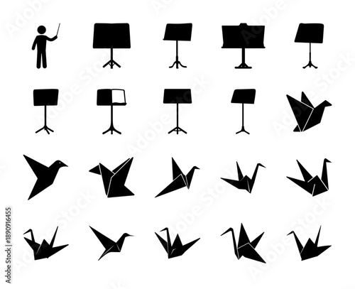 Set of black silhouette vector icons: an orchestra conductor, diverse music stands, and graceful origami cranes, isolated.