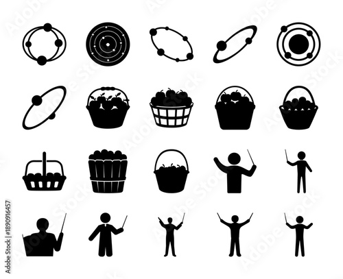 A diverse collection of black silhouette vector icons depicting orbital paths, baskets filled with apples, and various conductor or maestro figures, isolated on a white background.