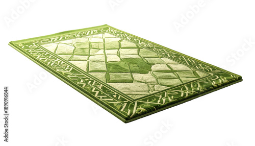 A rectangular, green-toned rug with a patterned border and a textured, grid-like center