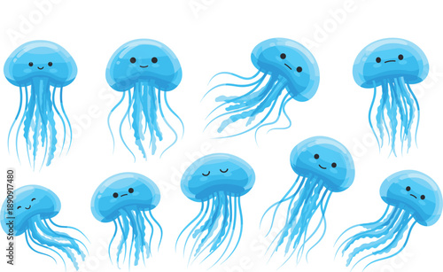 Cute Jellyfish Cartoon Vector Illustration Set with Smiling Faces and Flowing Tentacles for Ocean Wildlife Designs, Kids Graphics, Stickers, and Marine Art Projects