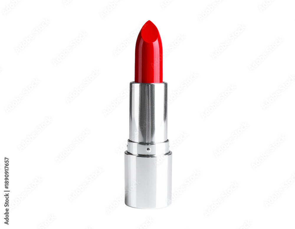 Fototapeta premium A vibrant red lipstick with a metallic silver case, polished and sharp