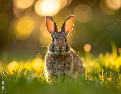 Wallpaper Mural Rabbit sits in grass, backlit by golden sunset light. Soft focus background. Front facing view Torontodigital.ca