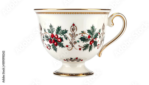 A decorative white teacup with holly and gold trim details against a black background