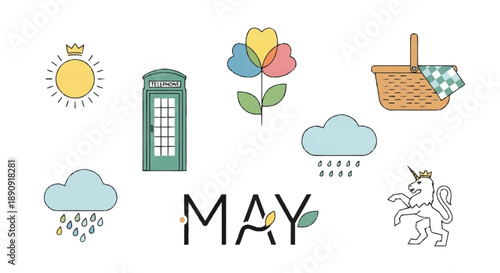 Colorful May Themed with Crown Sun Telephone Flower Basket Clouds