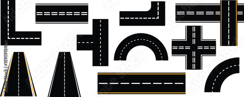 Road path with different bends. Big set of asphalt road curves, turns, bankings, and perspectives. Bending road, The road connects the cities. Vector illustration isolated on white background. 