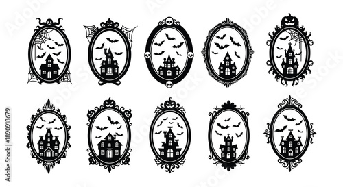 Nine ornate halloween frames featuring haunted houses bats and spiderwebs