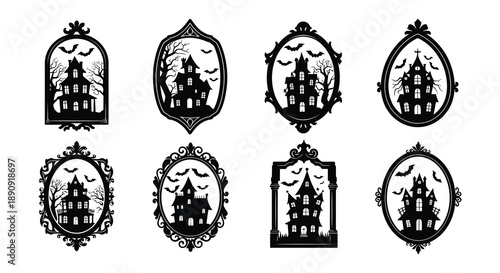 Nine ornate halloween frames featuring haunted houses bats and spiderwebs