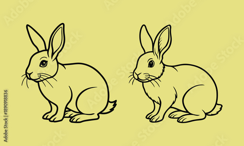 Two outlines of sitting rabbits on yellow background simple line art illustration