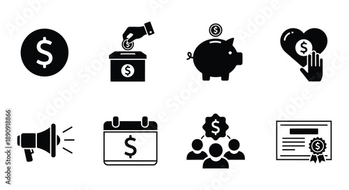 Black and white icons representing finance saving and investment concepts