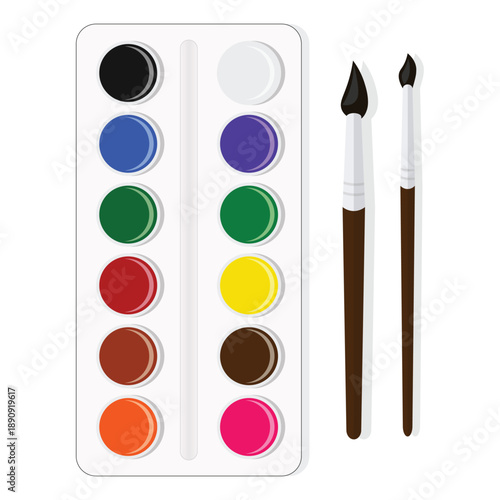 A creative artist set featuring colorful watercolor paints and professional brushes on a vibrant palette for drawing and painting