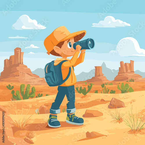 Cartoon Character Exploring a Desert Landscape with Binoculars , vector style simple color
